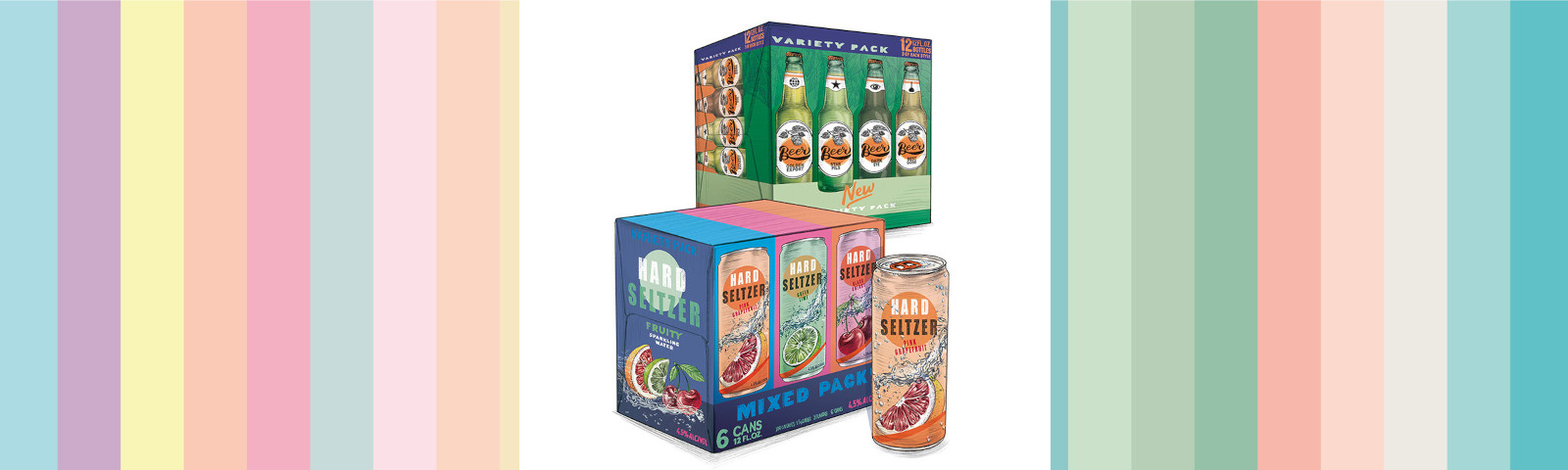 Das Bild zeigt bunte Verpackungen von Getränkedosen und -flaschen, die in einem gemischten Pack angeboten werden, vor einem farbenfrohen Hintergrund.